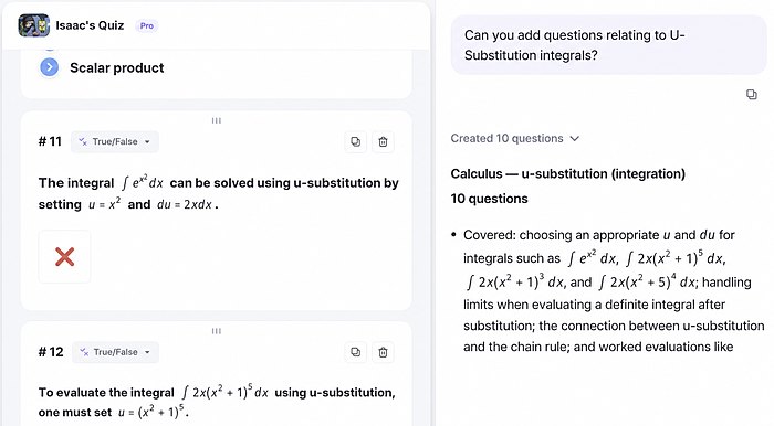 The ZEP QUIZ authoring screen, generating calculus questions on u-substitution
